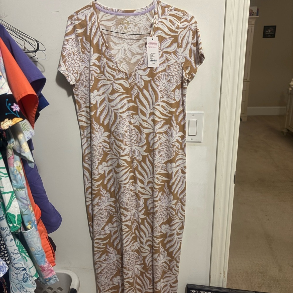 Lilly Pulitzer Tan and White Leaf Print Midi Dress